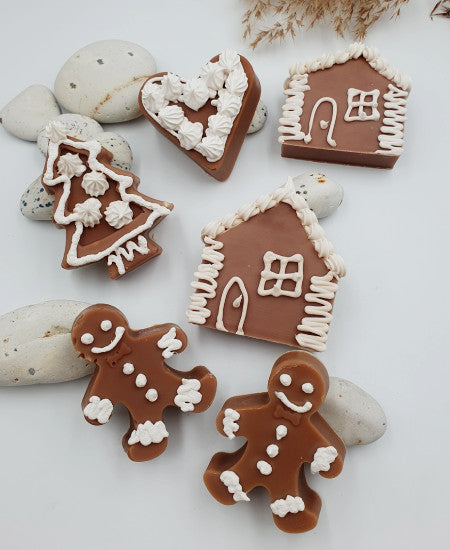 Handgemachte Seifenstücke in Form von Lebkuchen-Häusern, Männchen, Tannen und Herzen auf weißem Hintergrund mit Schilfgras